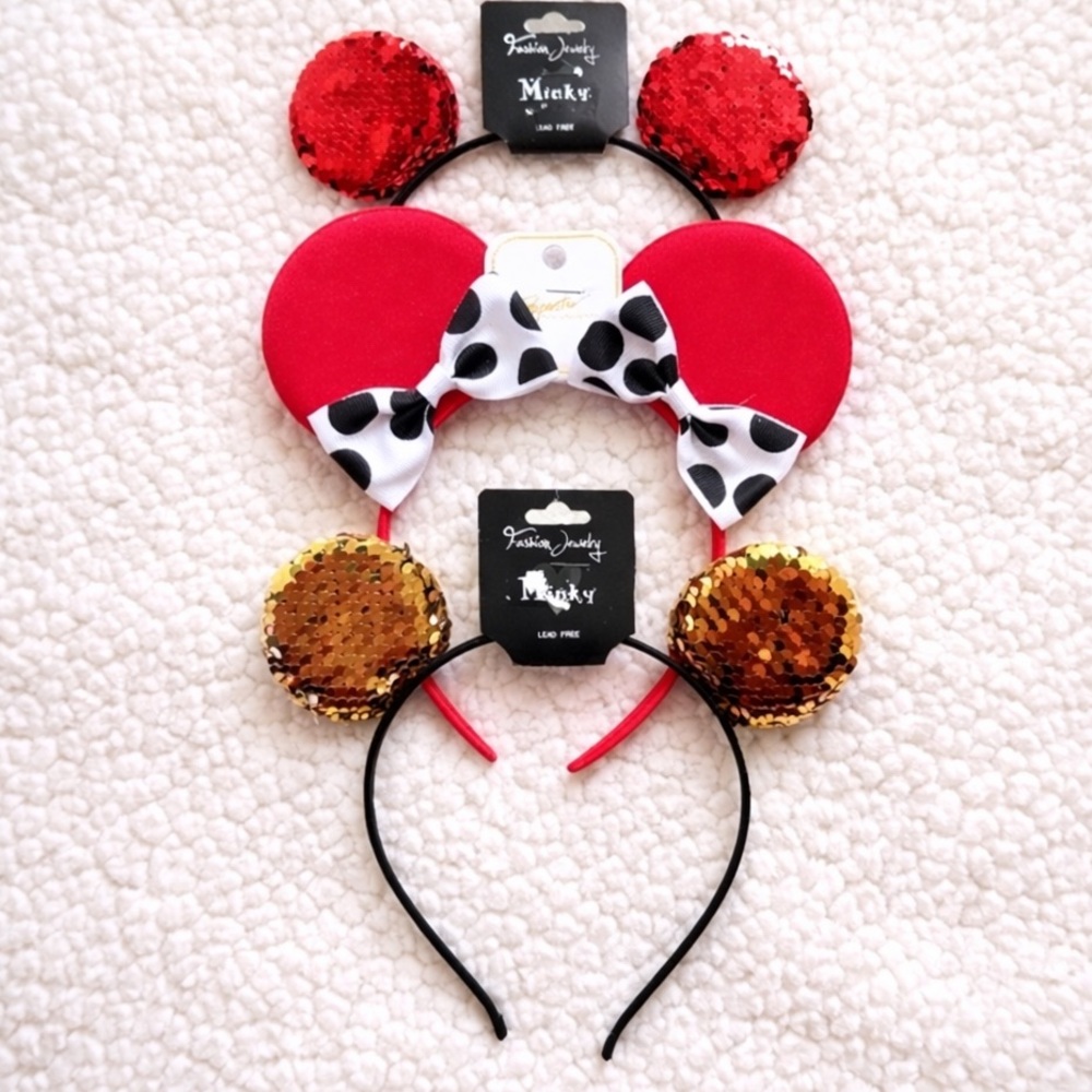 Set of 3 Disney Mickey & Minnie Mouse Ears Headbands Sequin Bow Red Gold